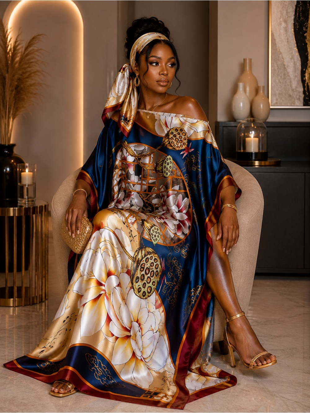 Luxe Floral Satin Kaftan Maxi Dress Matching Scarf 2 Piece Resort Set